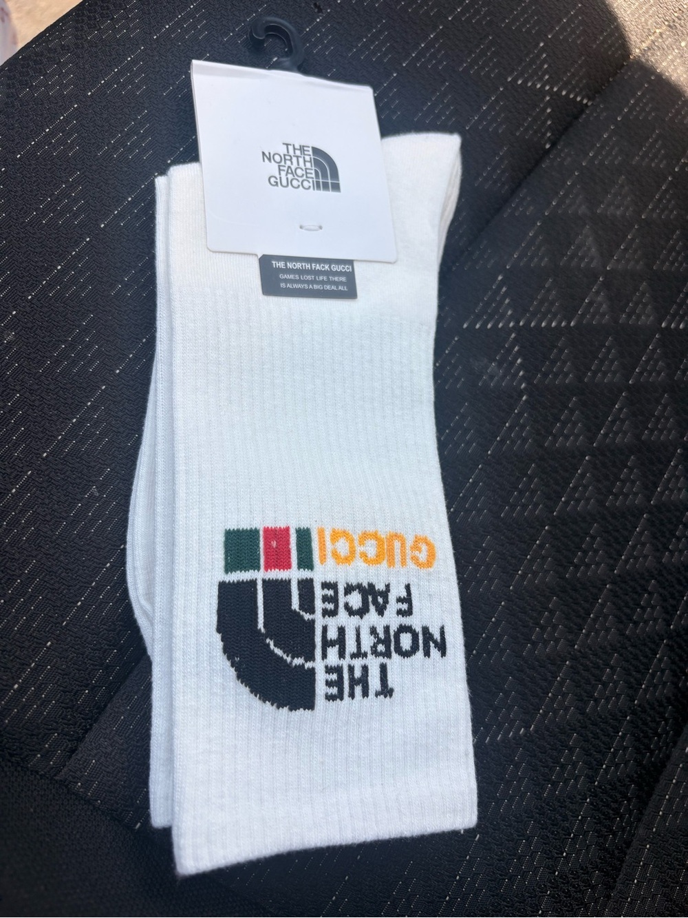 The North Face x Gucci White Crew Socks with Black, Green & Yellow Logo